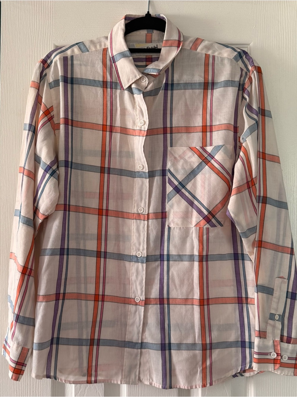 Diane Von Furstenberg Cream Plaid Button-Down with Orange & Blue Stripes